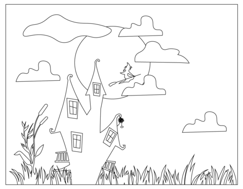 House The Witch Moonlight Coloring Page